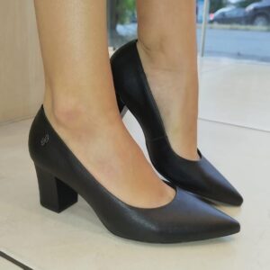 Scarpin Salto Bloco Couro Preto Bico Fino Usaflex