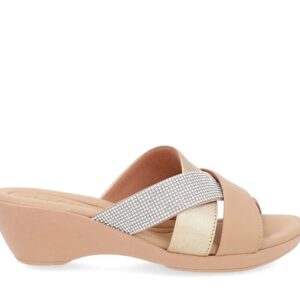 Tamanco Salto Anabela Couro Dourado Detalhe Strass Usaflex