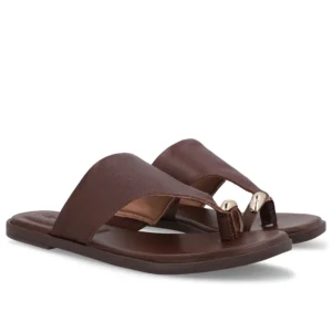 Rasteira Couro Marrom Pinhão Detalhe Dourado Usaflex