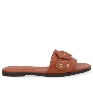 Rasteira Bico Quadrado Couro Marrom Fivela Usaflex